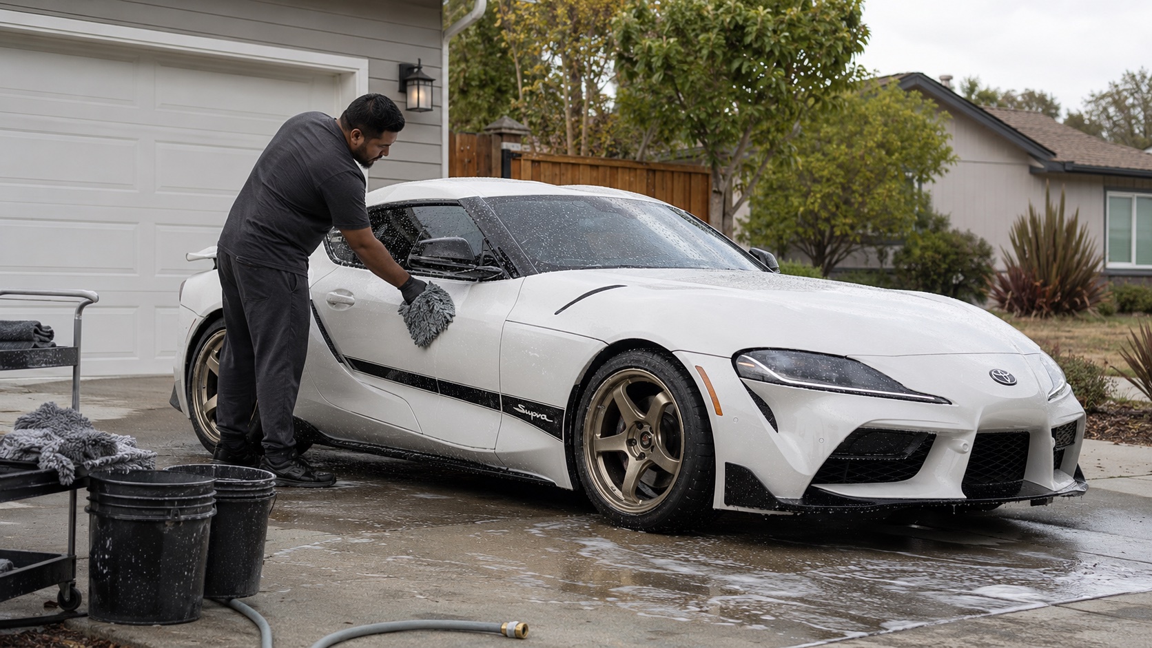 Mobile detailer washing a white sports car in a residential driveway