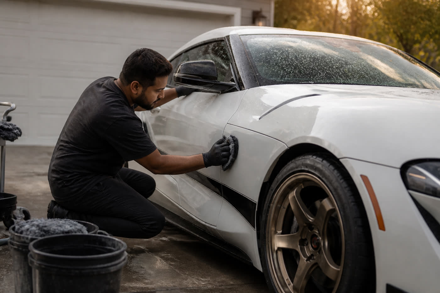 Detailer washing and polishing a white sports car in a driveway
