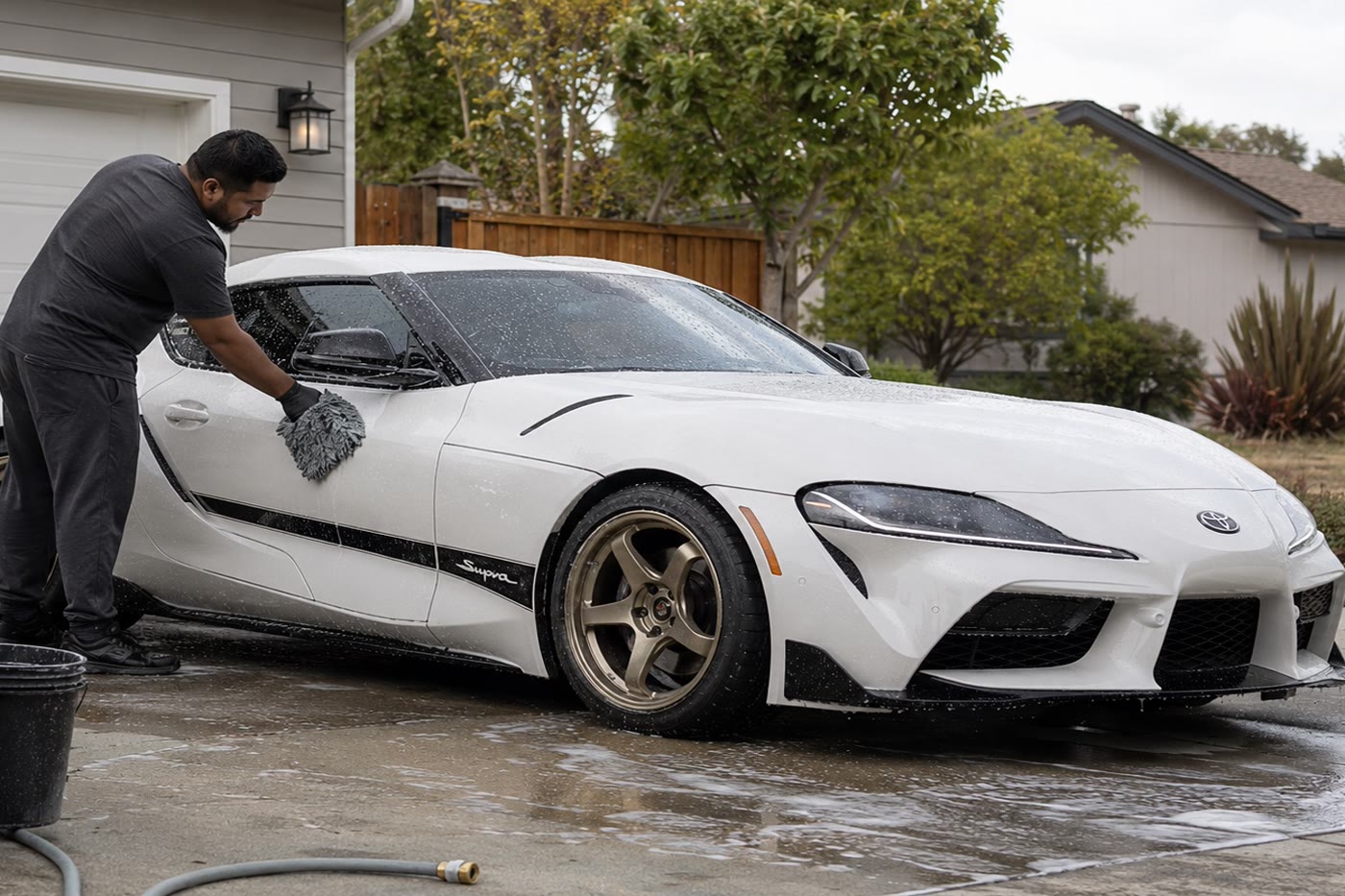 Detailer washing a white sports car in a driveway
