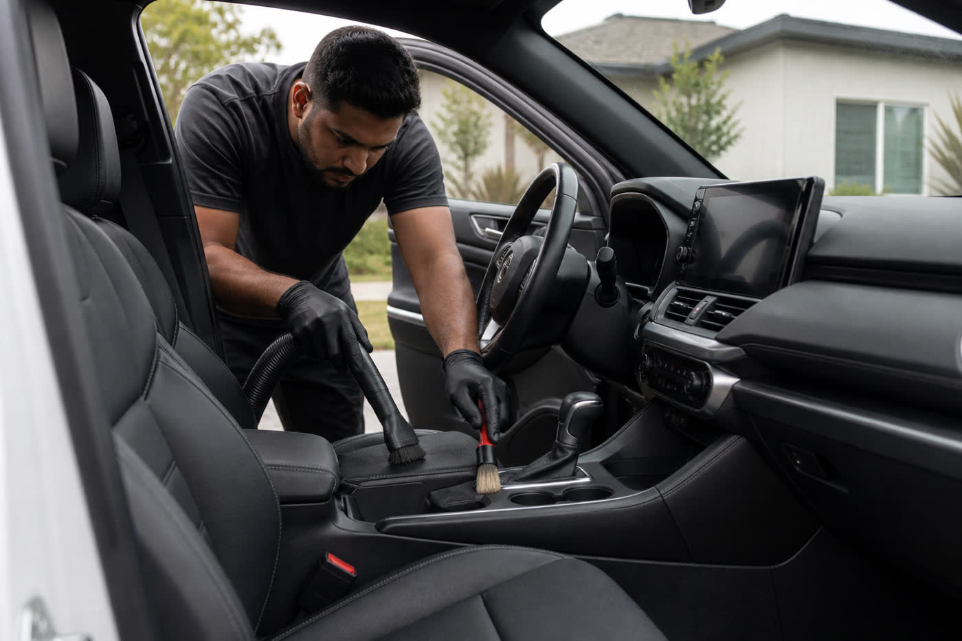Detailer vacuuming and brushing a car's seats and console
