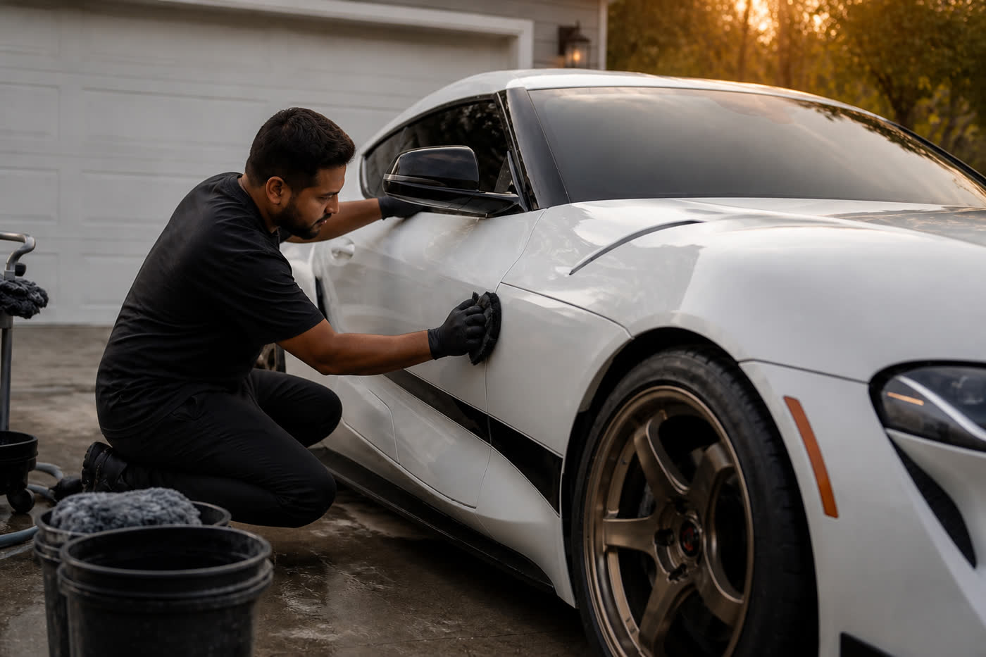 Detailer applying ceramic coating to a white sports car